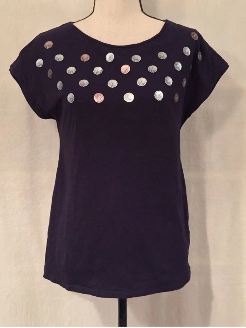Boden navy blue slub cotton sequin embellished crewneck Natalie t-shirt